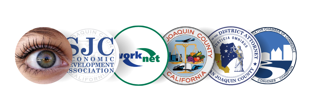 The SJC Economic Development Association, San Joaquin County California, San Joaquin County WorkNet surrounding the Office of the District Attorney of San Joaquin County logo.